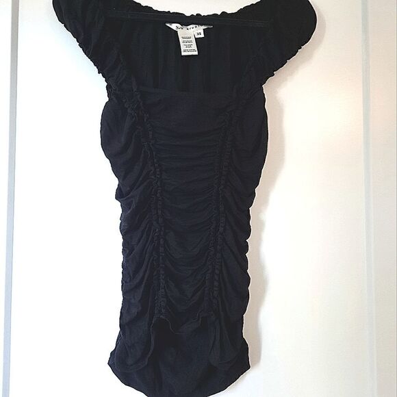 Max Studio Cap Sleeve Square Neck Ruched Ruffle Top Black - Picture 2 of 16